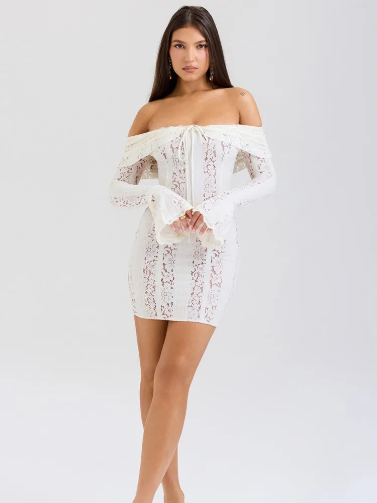 Minifalda ajustada de manga larga con encaje de retazos para mujer, vestido sexy ajustado con encaje calado y mangas acampanadas para fiesta y club.