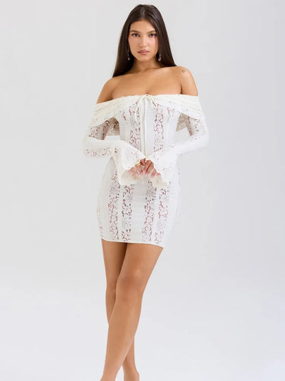 Minifalda ajustada de manga larga con encaje de retazos para mujer, vestido sexy ajustado con encaje calado y mangas acampanadas para fiesta y club.