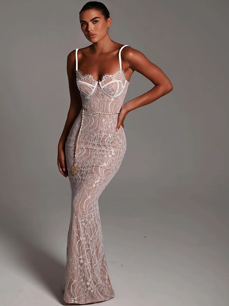 Vestido sexy de encaje con estampado de doble capa para mujer, ajustado, sin espalda, con colgante de corazón de metal, vestido largo para fiesta, club, vestido de noche