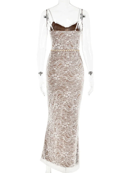 Vestido sexy de encaje con estampado de doble capa para mujer, ajustado, sin espalda, con colgante de corazón de metal, vestido largo para fiesta, club, vestido de noche
