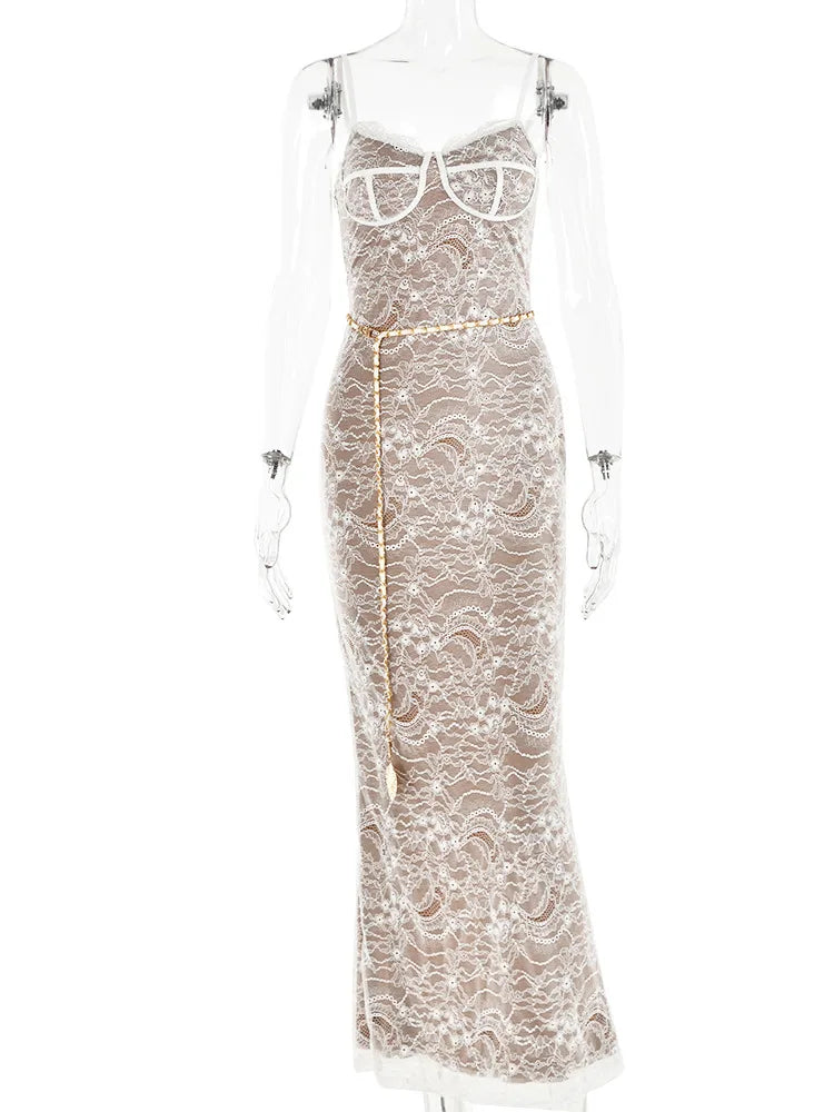 Vestido sexy de encaje con estampado de doble capa para mujer, ajustado, sin espalda, con colgante de corazón de metal, vestido largo para fiesta, club, vestido de noche