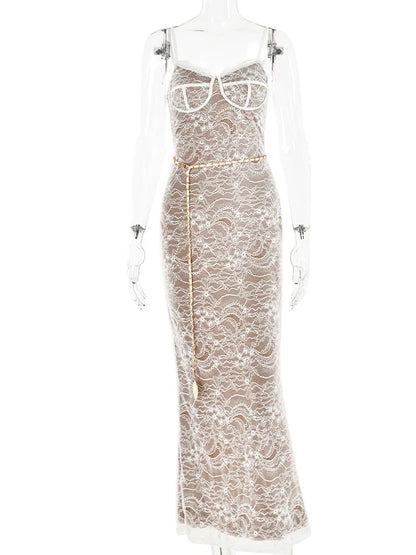 Vestido sexy de encaje con estampado de doble capa para mujer, ajustado, sin espalda, con colgante de corazón de metal, vestido largo para fiesta, club, vestido de noche