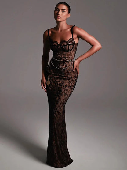 Vestido sexy de encaje con estampado de doble capa para mujer, ajustado, sin espalda, con colgante de corazón de metal, vestido largo para fiesta, club, vestido de noche