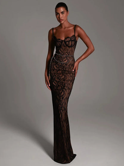 Vestido sexy de encaje con estampado de doble capa para mujer, ajustado, sin espalda, con colgante de corazón de metal, vestido largo para fiesta, club, vestido de noche