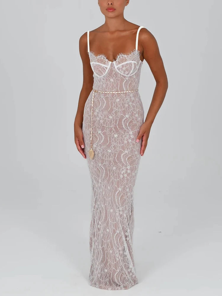 Vestido sexy de encaje con estampado de doble capa para mujer, ajustado, sin espalda, con colgante de corazón de metal, vestido largo para fiesta, club, vestido de noche