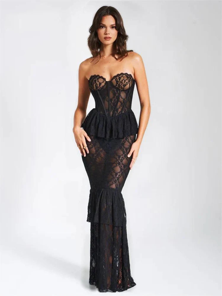 Vestido sexy de encaje sin mangas, ajustado, con espalda descubierta, ajustado, con volantes, plisado y perspectiva, para fiesta y noche.