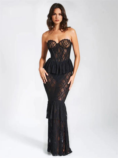 Vestido sexy de encaje sin mangas, ajustado, con espalda descubierta, ajustado, con volantes, plisado y perspectiva, para fiesta y noche.