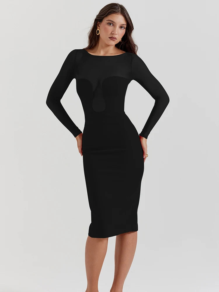 Sexy Mesh Patchwork Christmas Red Dress Women Long Sleeve Bodycon Perspective Evening Dress Elegant Party Club Vestidos