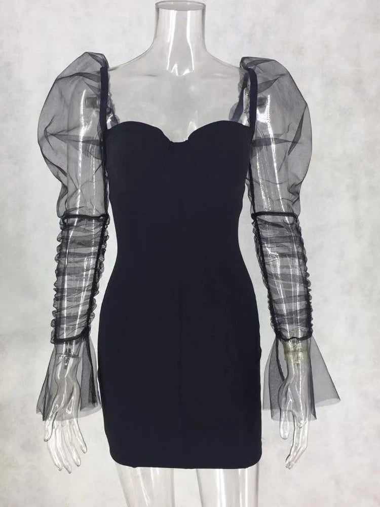 Vestido de fiesta sexy de malla con mangas abullonadas para mujer, cuello bajo, espalda descubierta, patchwork rojo, minivestido para discoteca, primavera 2020