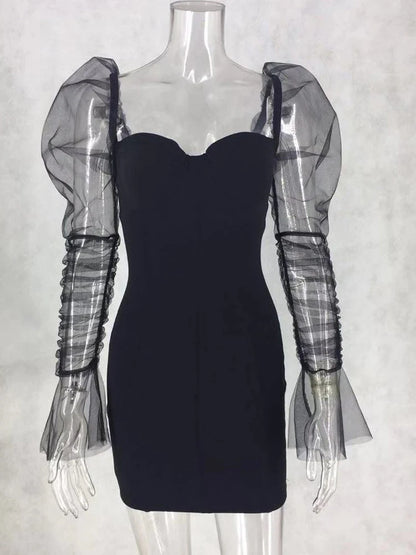Vestido de fiesta sexy de malla con mangas abullonadas para mujer, cuello bajo, espalda descubierta, patchwork rojo, minivestido para discoteca, primavera 2020