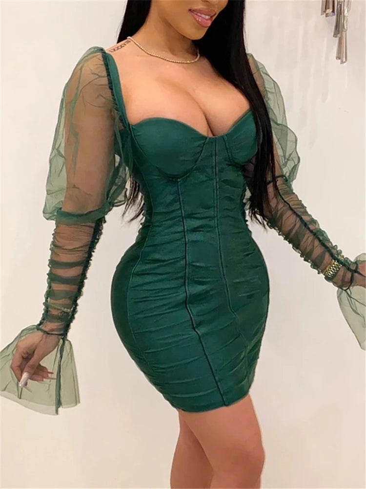 Vestido de fiesta sexy de malla con mangas abullonadas para mujer, cuello bajo, espalda descubierta, patchwork rojo, minivestido para discoteca, primavera 2020