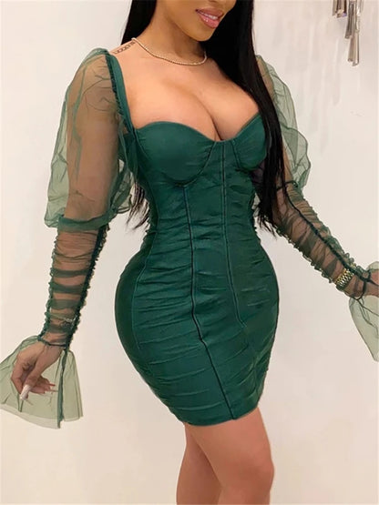 Vestido de fiesta sexy de malla con mangas abullonadas para mujer, cuello bajo, espalda descubierta, patchwork rojo, minivestido para discoteca, primavera 2020