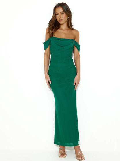Sexy One Line Neck Mesh Pleated Dress Women Bodycon Backless Elegant Party Club Evening Vestidos Slim Maxi Long Dress