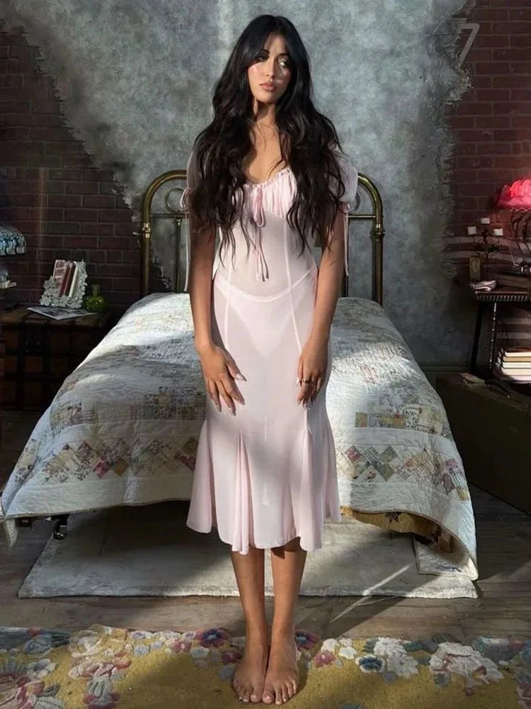Vestido sexy transparente sin espalda para mujer, manga corta, ajustado, elegante, midi, ceñido al cuerpo, para fiesta, club y playa.
