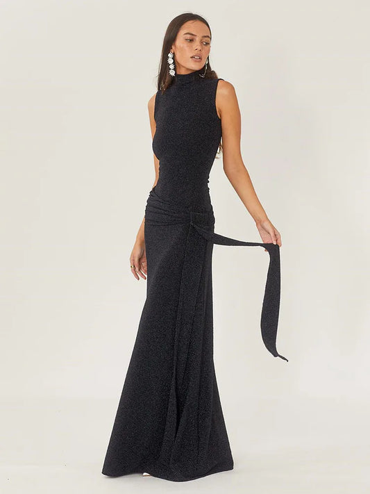 Sexy Shiny Women’s Long Dress Slim Fit Party Evening Woman Dress Female Pleated Ribbon Sleeveless Vesidos Autumn
