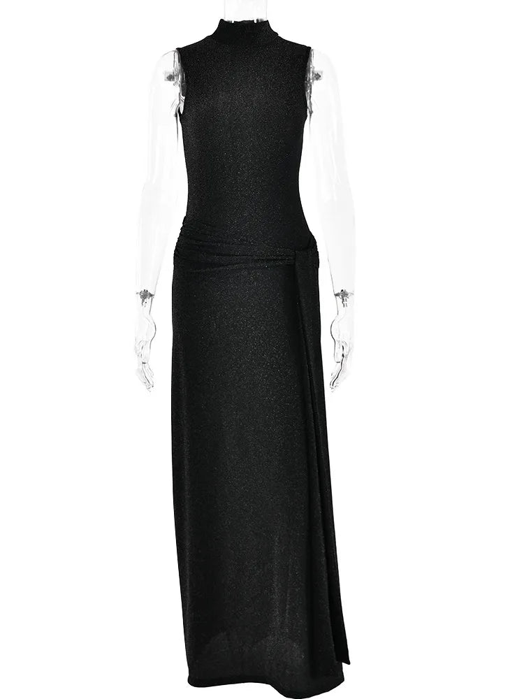 Sexy Shiny Women’s Long Dress Slim Fit Party Evening Woman Dress Female Pleated Ribbon Sleeveless Vesidos Autumn