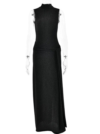 Sexy Shiny Women’s Long Dress Slim Fit Party Evening Woman Dress Female Pleated Ribbon Sleeveless Vesidos Autumn