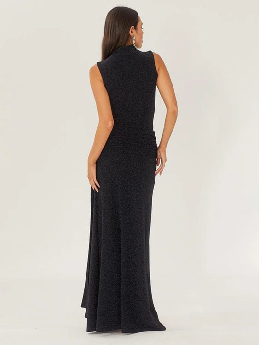 Sexy Shiny Women’s Long Dress Slim Fit Party Evening Woman Dress Female Pleated Ribbon Sleeveless Vesidos Autumn