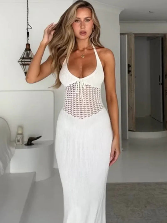 Sexy Sleeveless Bodycon Evening Dress For Women  Autumn New Fashion Hanging Collar Low Cut Backless Knitted Hollow