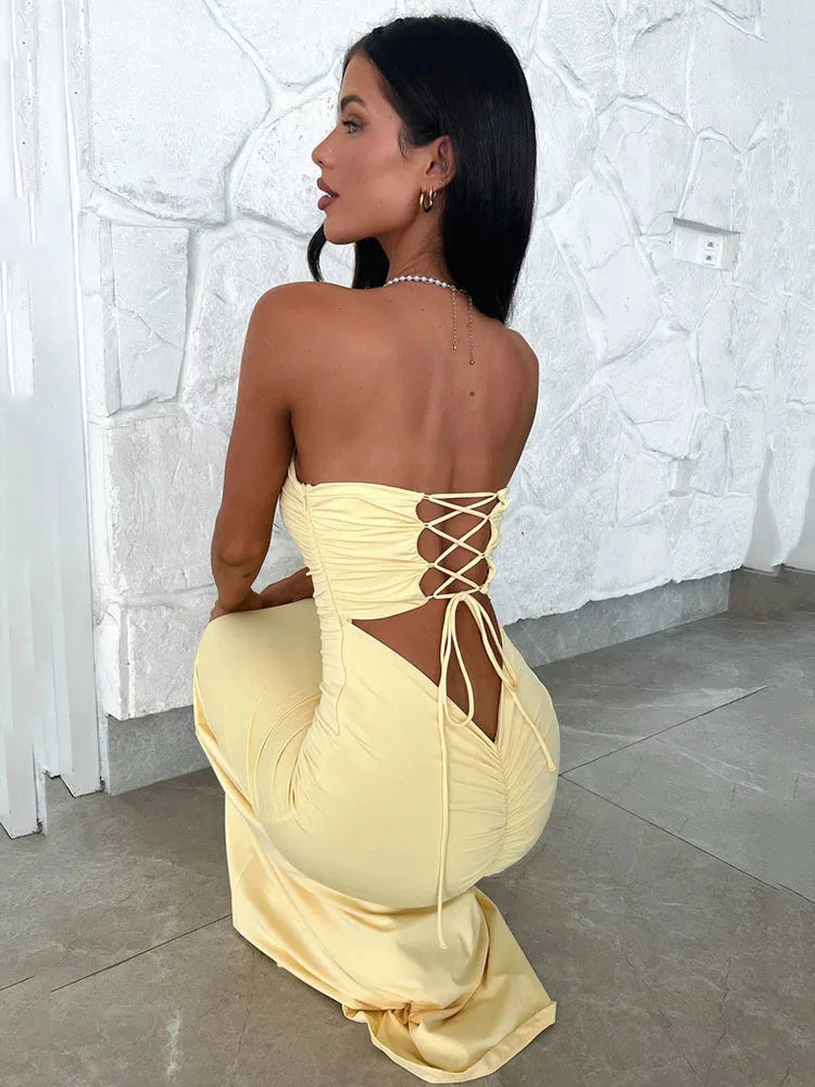 Vestido sexy sin mangas ajustado con aberturas para mujer, con cordones y pliegues, ajustado, maxivestido elegante para fiesta y noche.