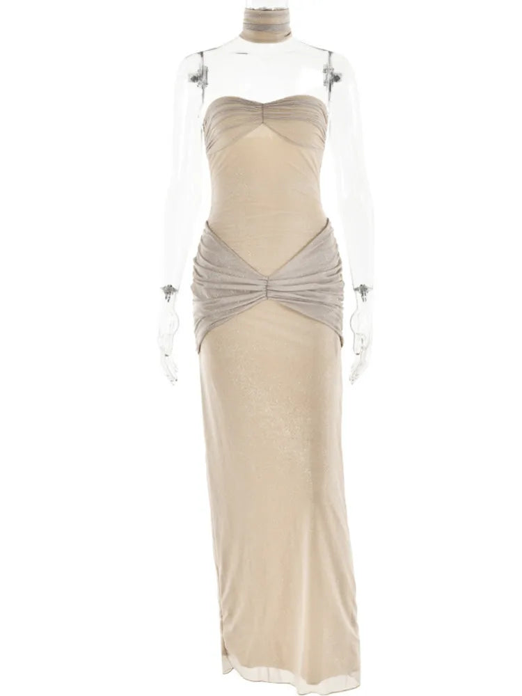 Vestido plisado de malla sin mangas sexy para mujer, vestido de noche ajustado sin espalda, elegante para fiesta y club.