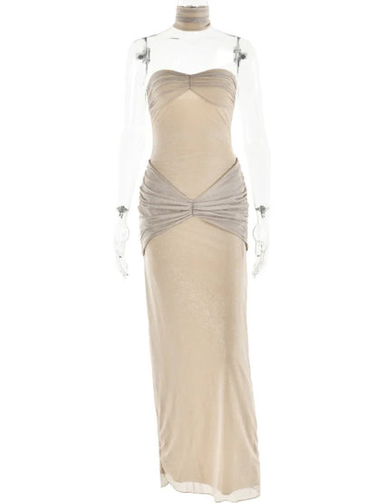 Vestido plisado de malla sin mangas sexy para mujer, vestido de noche ajustado sin espalda, elegante para fiesta y club.