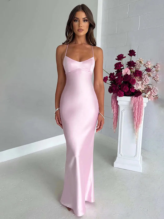 Sexy Spaghetti Strap Bodycon Satin Dress With Open Back Lace Up Female Long Dress Elegant Party Club Evening Dress