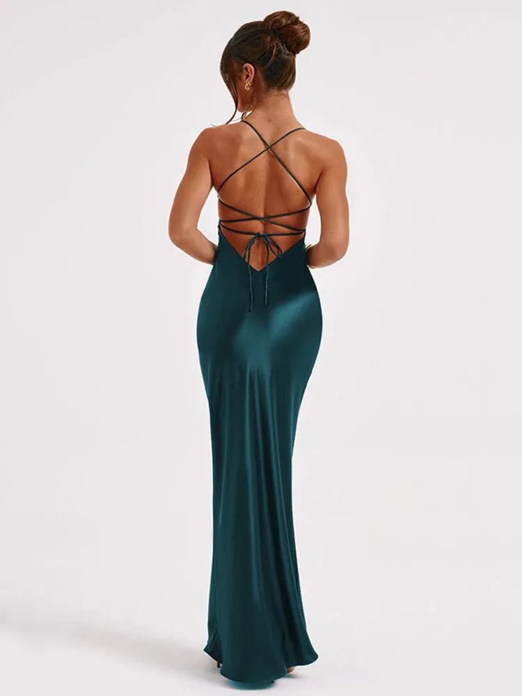 Sexy Spaghetti Strap Bodycon Satin Dress With Open Back Lace Up Female Long Dress Elegant Party Club Evening Dress