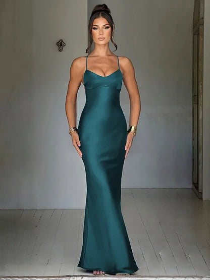 Sexy Spaghetti Strap Bodycon Satin Dress With Open Back Lace Up Female Long Dress Elegant Party Club Evening Dress