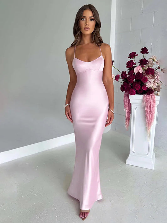 Sexy Spaghetti Strap Bodycon Satin Dress With Open Back Lace Up Female Long Dress Elegant Party Club Evening Dress