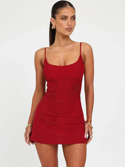 Sexy Spaghetti Strap Elastic Tight Skirt Women Backless Printed Slim Dress Female Autumn New Party Vacation Clothing
