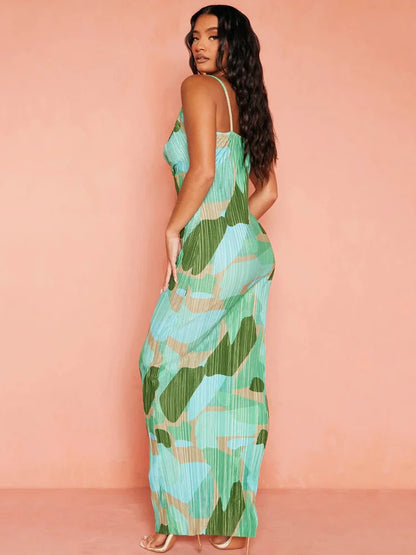Sexy Spaghetti Strap Swing Collar Print Women’s Dress Slim Pleated High Waist Maxi Female Holiday Party Club Vestidos