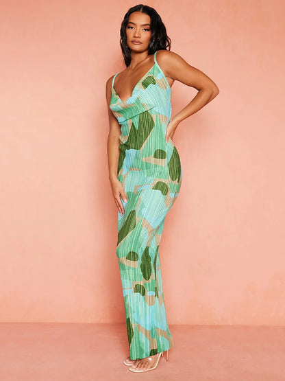 Sexy Spaghetti Strap Swing Collar Print Women’s Dress Slim Pleated High Waist Maxi Female Holiday Party Club Vestidos