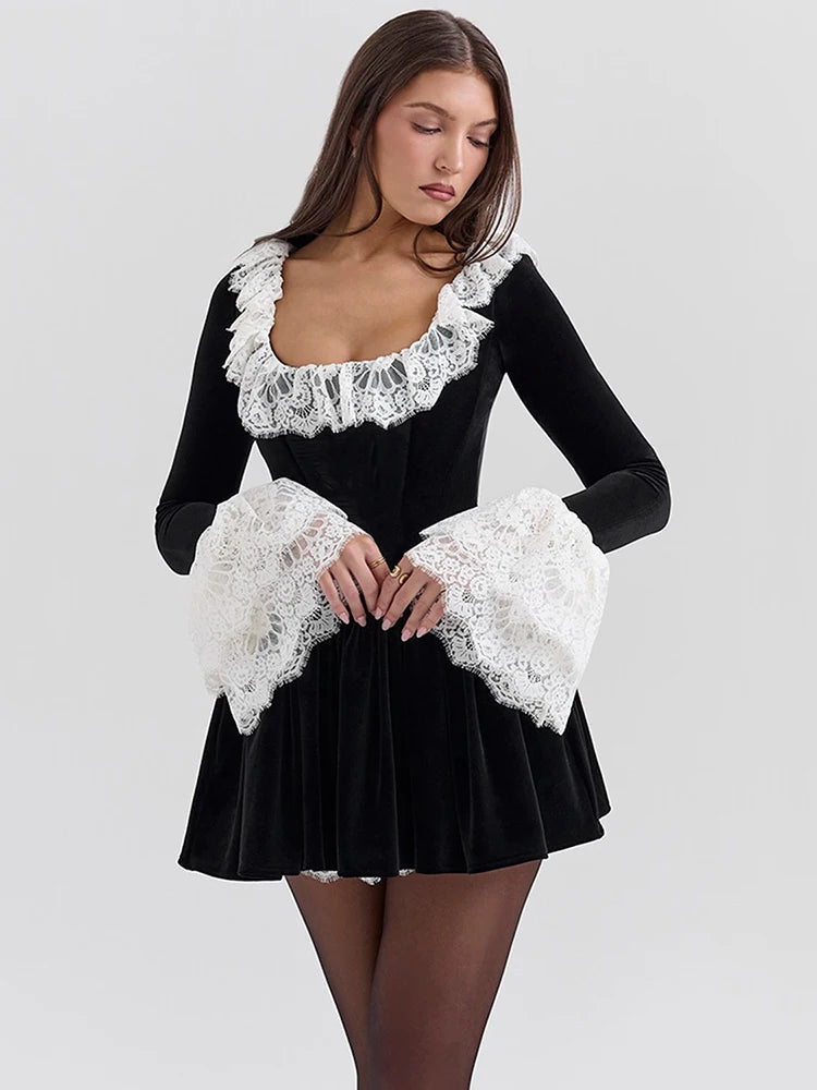 Vestido ajustado sexy de terciopelo con cuello cuadrado y encaje para mujer, elegante vestido plisado de manga larga para otoño/invierno