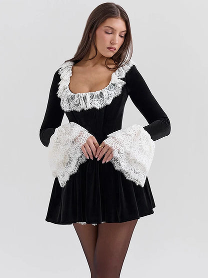Vestido ajustado sexy de terciopelo con cuello cuadrado y encaje para mujer, elegante vestido plisado de manga larga para otoño/invierno