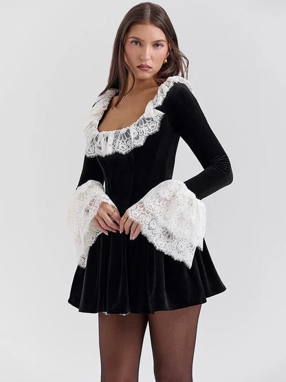 Vestido ajustado sexy de terciopelo con cuello cuadrado y encaje para mujer, elegante vestido plisado de manga larga para otoño/invierno