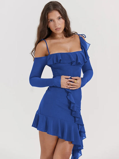 Vestido mini sexy de manga larga con cuello de una línea y doble capa para mujer, ajustado, con volantes irregulares, para fiesta y club.