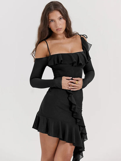 Vestido mini sexy de manga larga con cuello de una línea y doble capa para mujer, ajustado, con volantes irregulares, para fiesta y club.