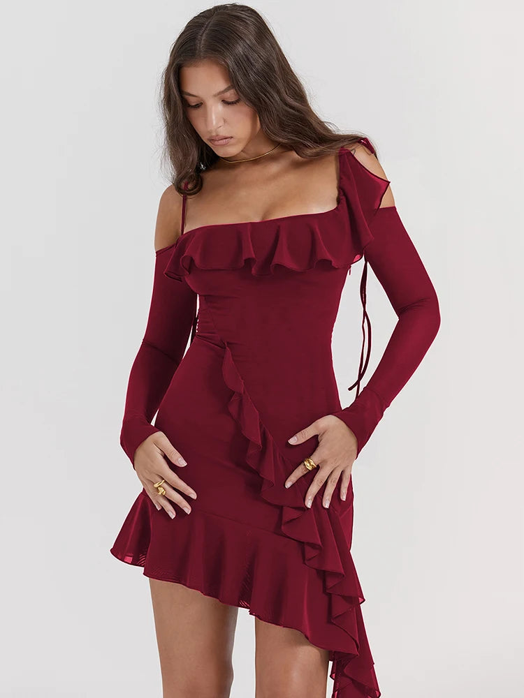 Vestido mini sexy de manga larga con cuello de una línea y doble capa para mujer, ajustado, con volantes irregulares, para fiesta y club.