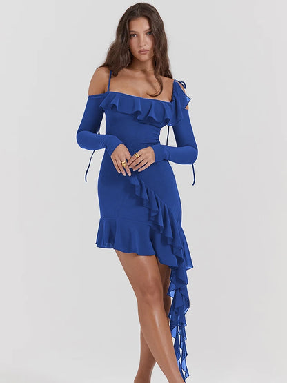 Vestido mini sexy de manga larga con cuello de una línea y doble capa para mujer, ajustado, con volantes irregulares, para fiesta y club.