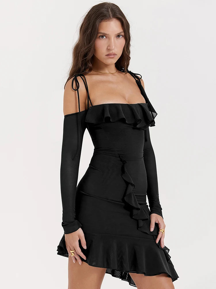 Vestido mini sexy de manga larga con cuello de una línea y doble capa para mujer, ajustado, con volantes irregulares, para fiesta y club.