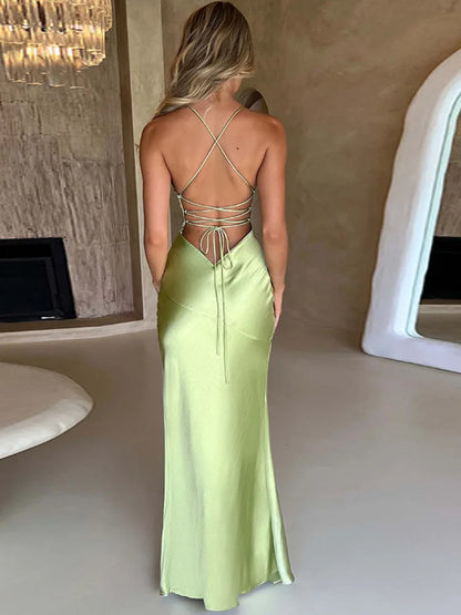 Vestido maxi de satén sexy sin tirantes para mujer, con espalda abierta y abertura alta, ajustado, elegante para fiesta y club, primavera y verano