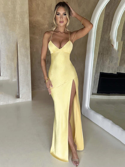 Vestido maxi de satén sexy sin tirantes para mujer, con espalda abierta y abertura alta, ajustado, elegante para fiesta y club, primavera y verano