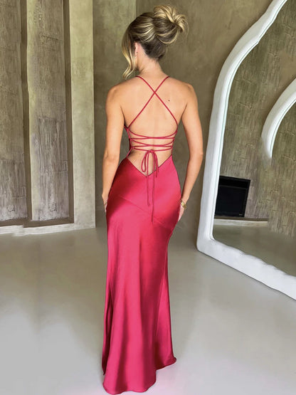 Vestido maxi de satén sexy sin tirantes para mujer, con espalda abierta y abertura alta, ajustado, elegante para fiesta y club, primavera y verano