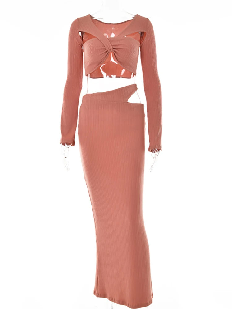 Vestido largo sexy con escote en V y aberturas para mujer, vestido marrón de manga larga, elegante, ajustado, de verano, para fiesta y club.