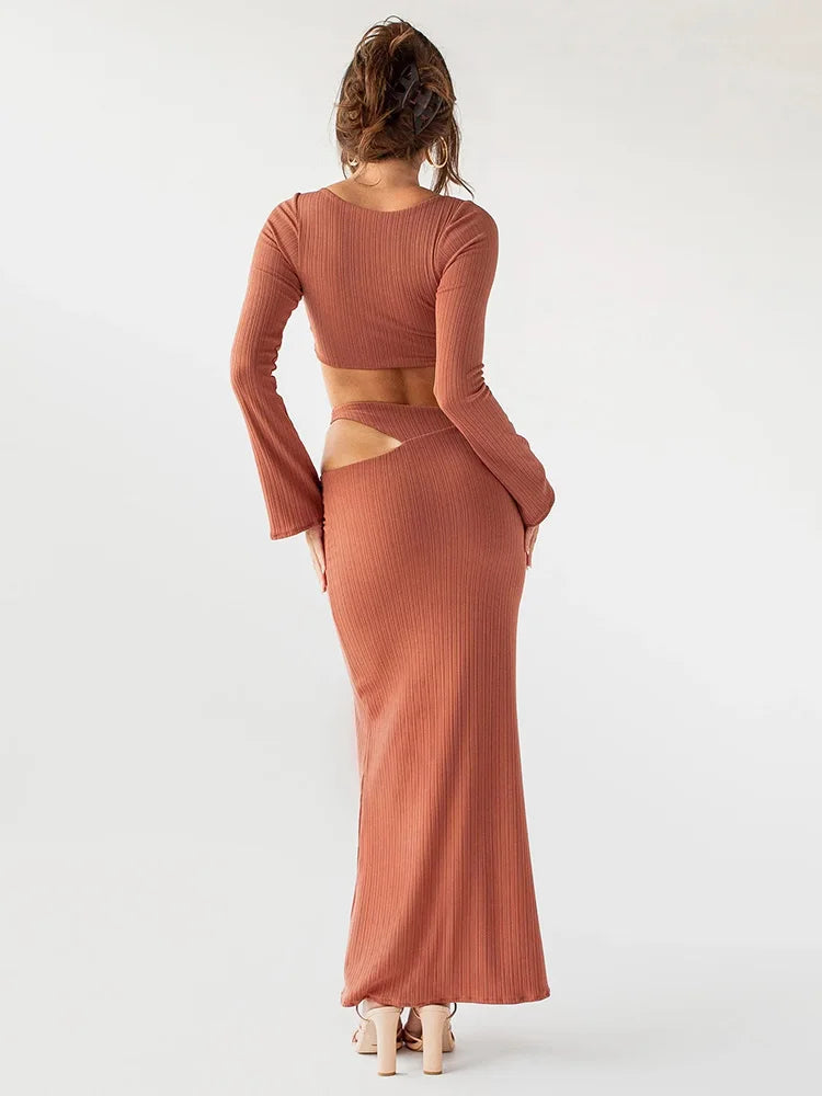 Vestido largo sexy con escote en V y aberturas para mujer, vestido marrón de manga larga, elegante, ajustado, de verano, para fiesta y club.