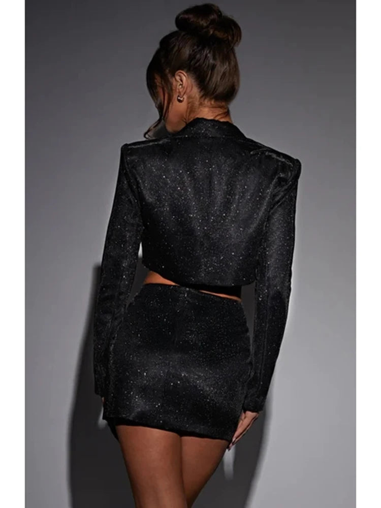 Shiny Double-Layer Bandage Slim-Fit Suit Suit Women’S Pocket Bolero Skirt Skirt Women’S Cutaway Collar Coat Top Suit New