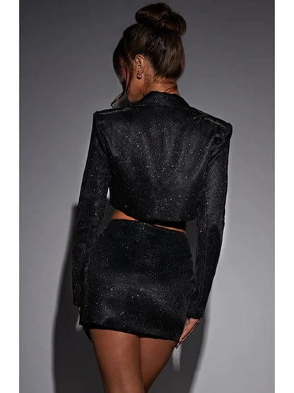 Shiny Double-Layer Bandage Slim-Fit Suit Suit Women’S Pocket Bolero Skirt Skirt Women’S Cutaway Collar Coat Top Suit New