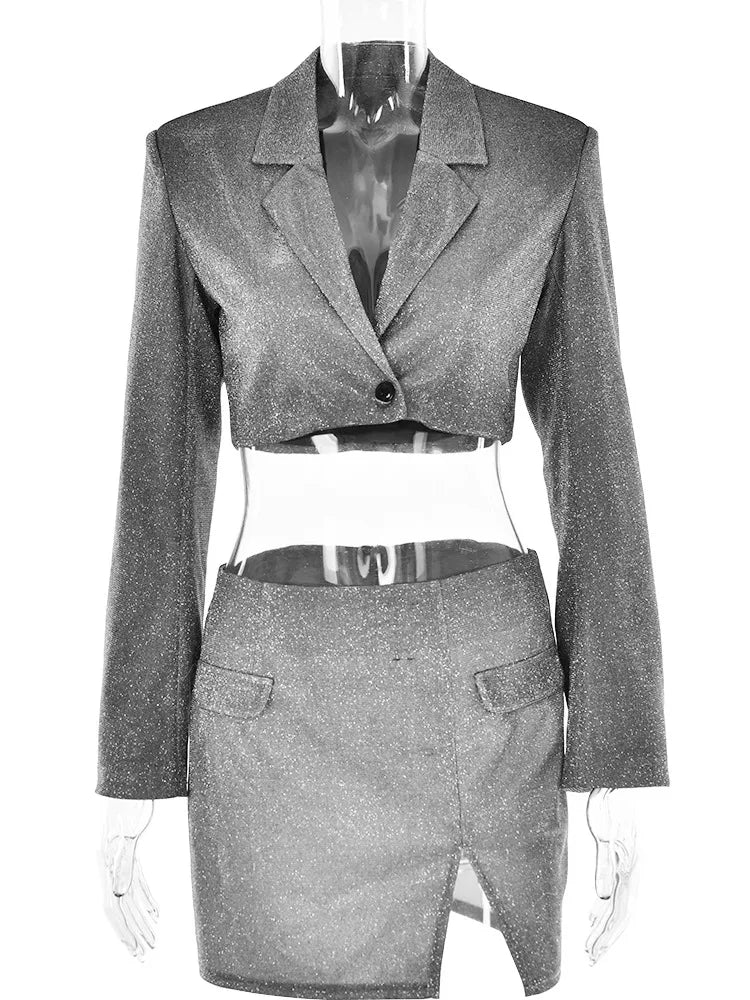 Shiny Double-Layer Bandage Slim-Fit Suit Suit Women’S Pocket Bolero Skirt Skirt Women’S Cutaway Collar Coat Top Suit New