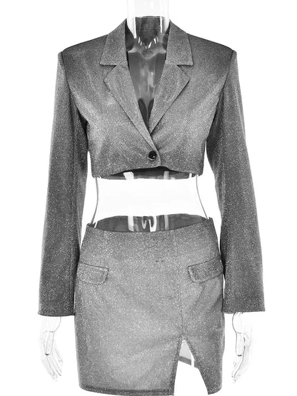 Shiny Double-Layer Bandage Slim-Fit Suit Suit Women’S Pocket Bolero Skirt Skirt Women’S Cutaway Collar Coat Top Suit New